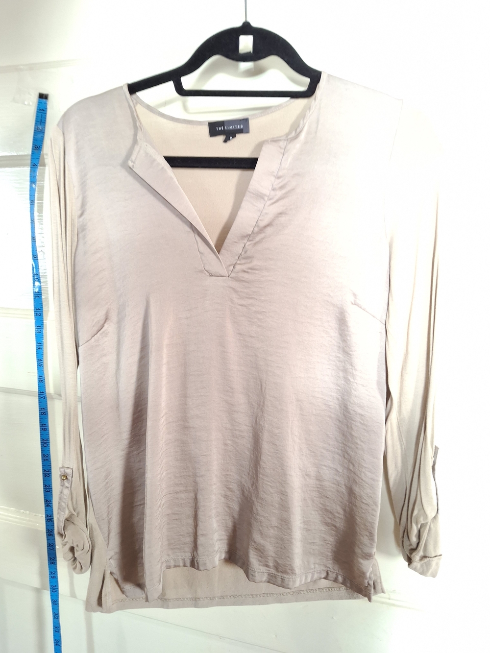 The Limited Beige Satin V-Neck Long Sleeve Blouse Medium (CFD023)